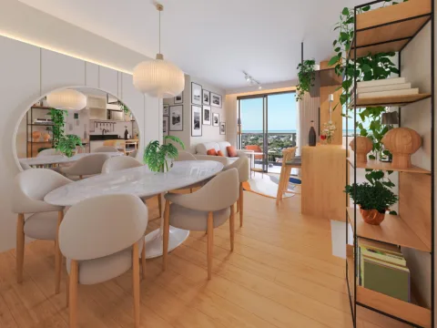 Sala integrada à cozinha e à varanda · Imagem ilustrativa