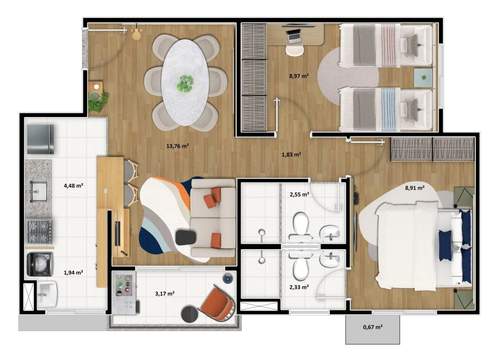 2 quartos com suíte · Tipo A · 54,54 m² de área privativa · Imagem ilustrativa